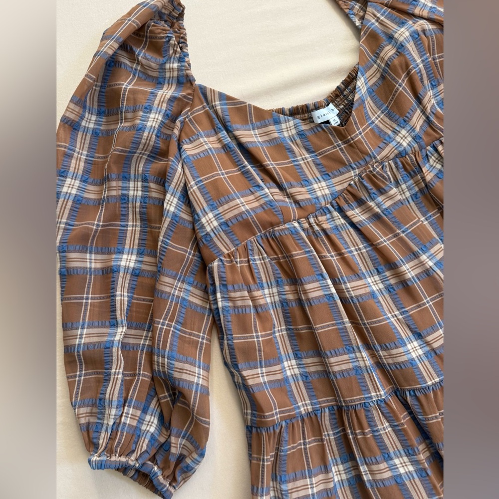 Country Chic Gianni Bibi Brown Plaid Off-Shoulder Dress lined Coastal Cowgirl - Picture 5 of 10